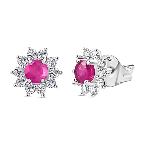 African Ruby & White Zircon Cluster Earring Sterling Silver 1.40 Ct.
