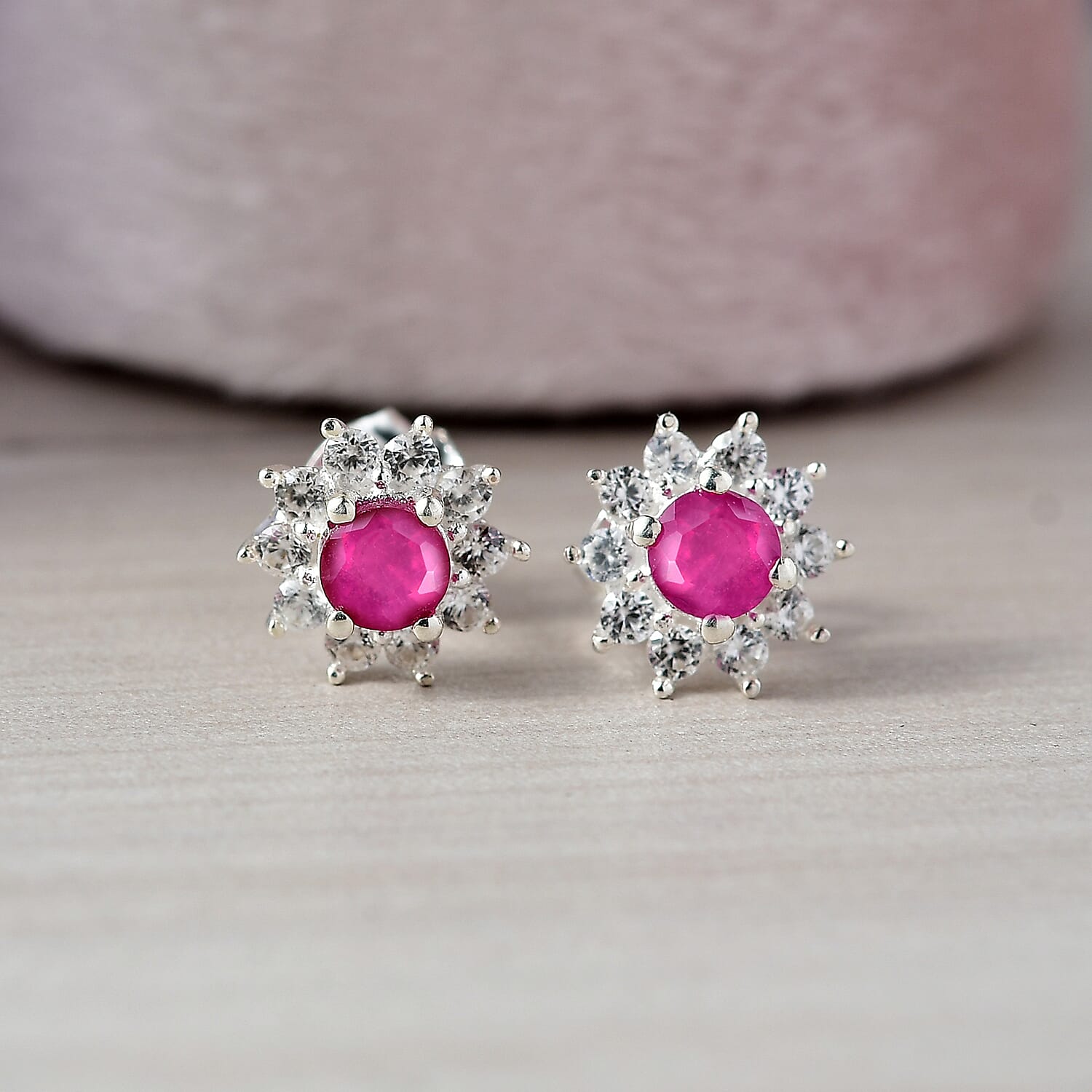 African Ruby & White Zircon Cluster Earring Sterling Silver 1.40 Ct.