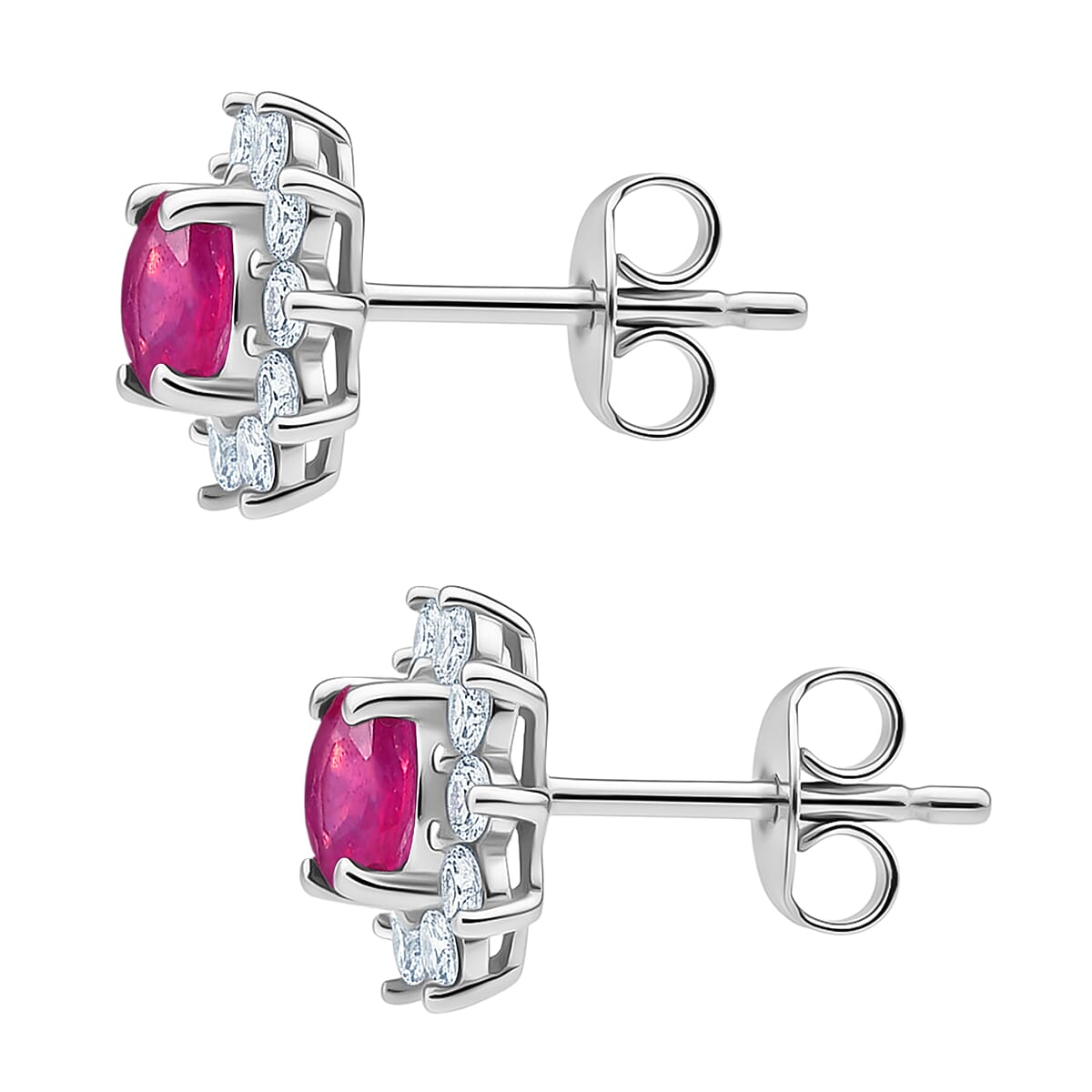 African Ruby & White Zircon Cluster Earring Sterling Silver 1.40 Ct.