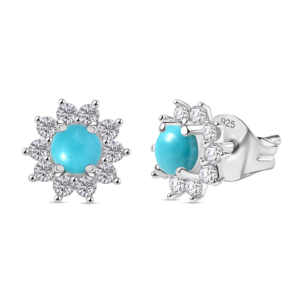 Sleeping Beauty Turquoise & White Zircon Cluster Earring Sterling Silver 1.19 Ct.