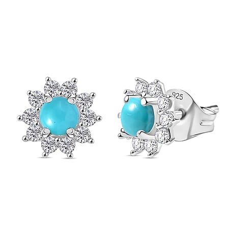 Sleeping Beauty Turquoise & White Zircon Cluster Earring Sterling Silver 1.19 Ct.