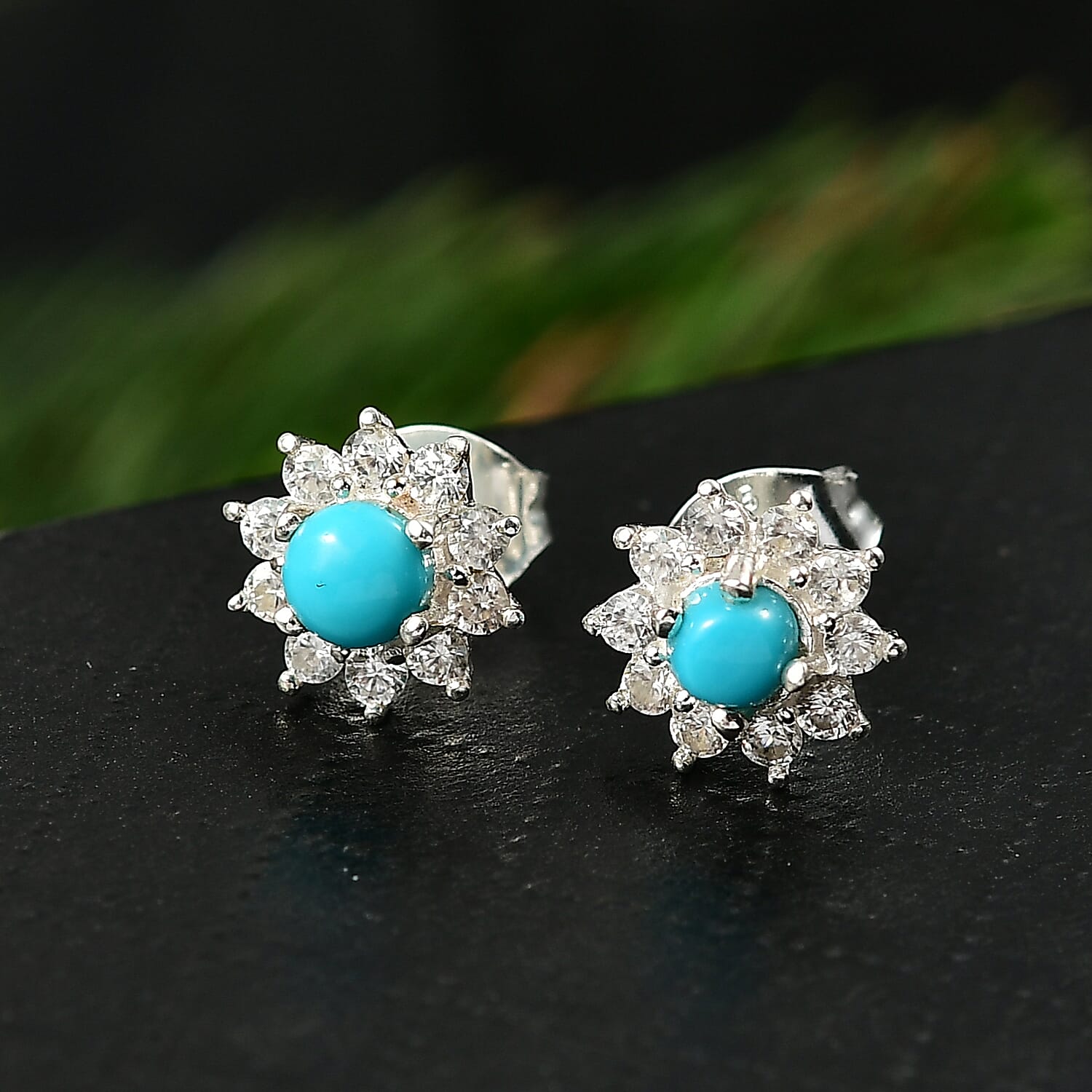 Sleeping Beauty Turquoise & White Zircon Cluster Earring Sterling Silver 1.19 Ct.