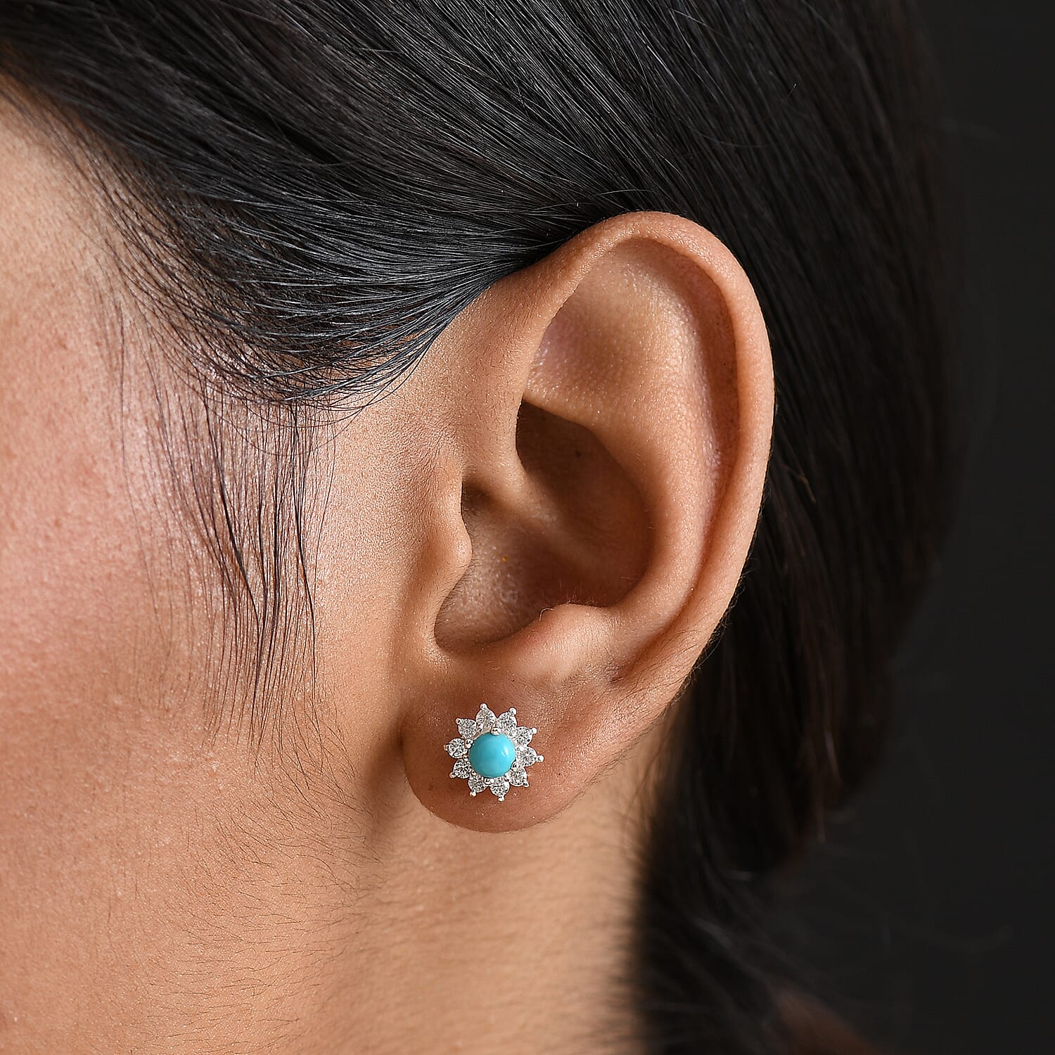 Sleeping Beauty Turquoise & White Zircon Cluster Earring Sterling Silver 1.19 Ct.