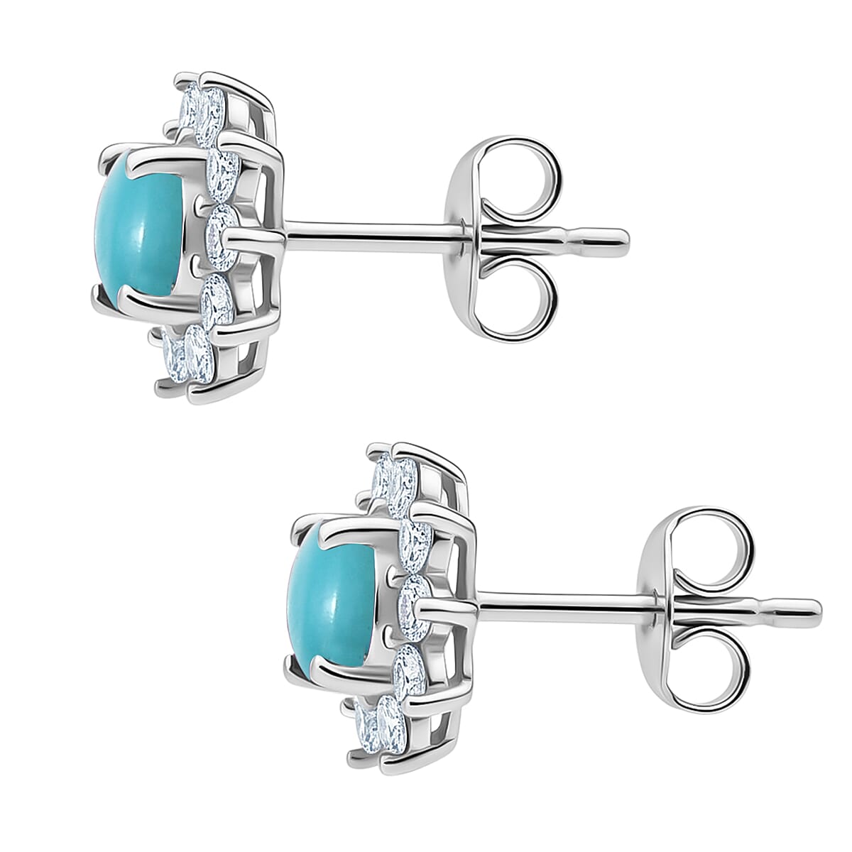 Sleeping Beauty Turquoise & White Zircon Cluster Earring Sterling Silver 1.19 Ct.