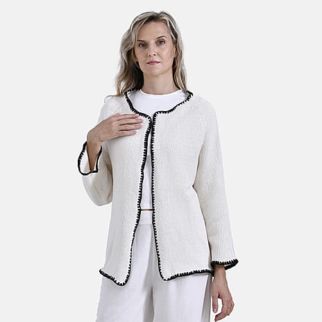 - Maisi Crew Neck Cardigan with Contrasting Trim (One Size) - Black - White