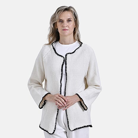 - Maisi Crew Neck Cardigan with Contrasting Trim (One Size) - Black - White