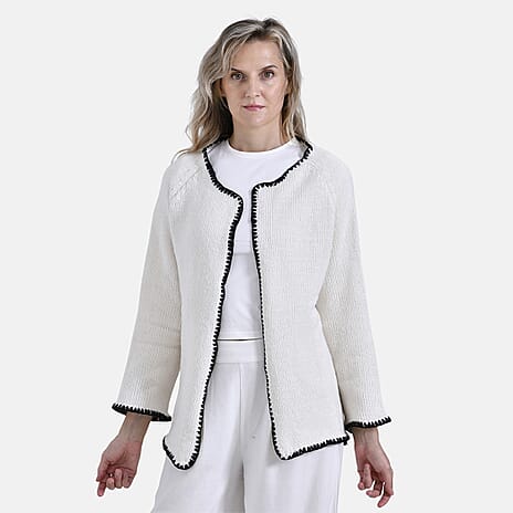 - Maisi Crew Neck Cardigan with Contrasting Trim (One Size) - Black - White