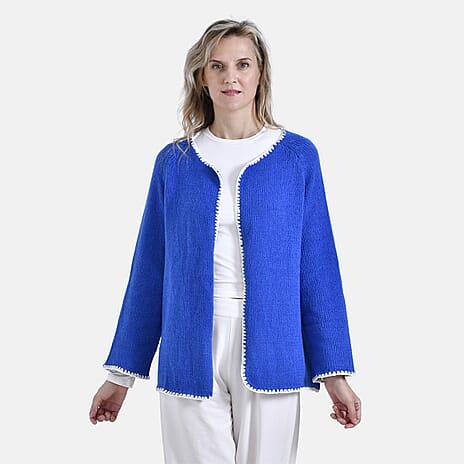 - Maisi Crew Neck Cardigan with Contrasting Trim (One Size) - Blue - White