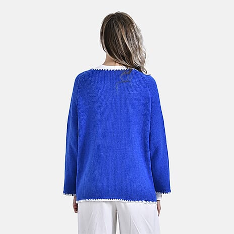 - Maisi Crew Neck Cardigan with Contrasting Trim (One Size) - Blue - White