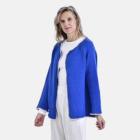 - Maisi Crew Neck Cardigan with Contrasting Trim (One Size) - Blue - White