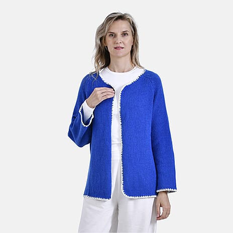 - Maisi Crew Neck Cardigan with Contrasting Trim (One Size) - Blue - White