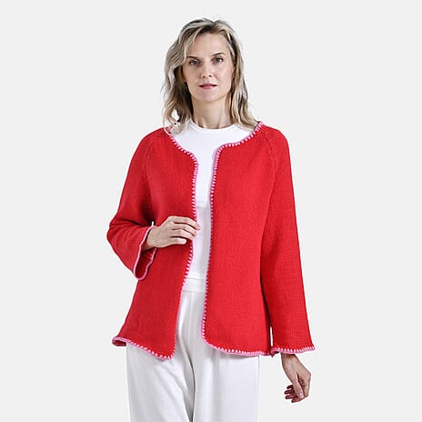 - Maisi Crew Neck Cardigan with Contrasting Trim (One Size) - Red - Pink