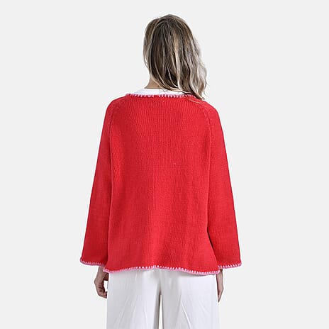 - Maisi Crew Neck Cardigan with Contrasting Trim (One Size) - Red - Pink