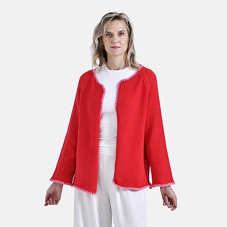 - Maisi Crew Neck Cardigan with Contrasting Trim (One Size) - Red - Pink