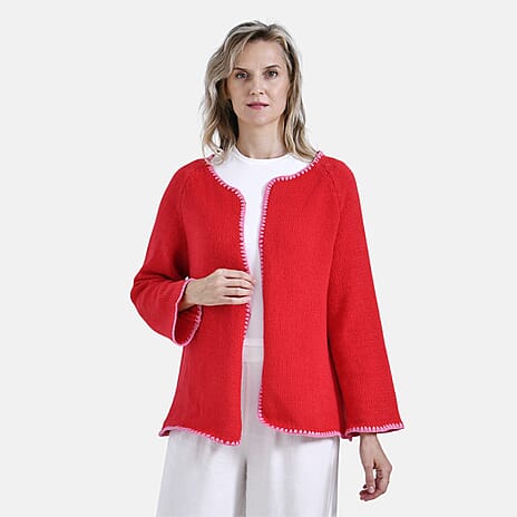 - Maisi Crew Neck Cardigan with Contrasting Trim (One Size) - Red - Pink