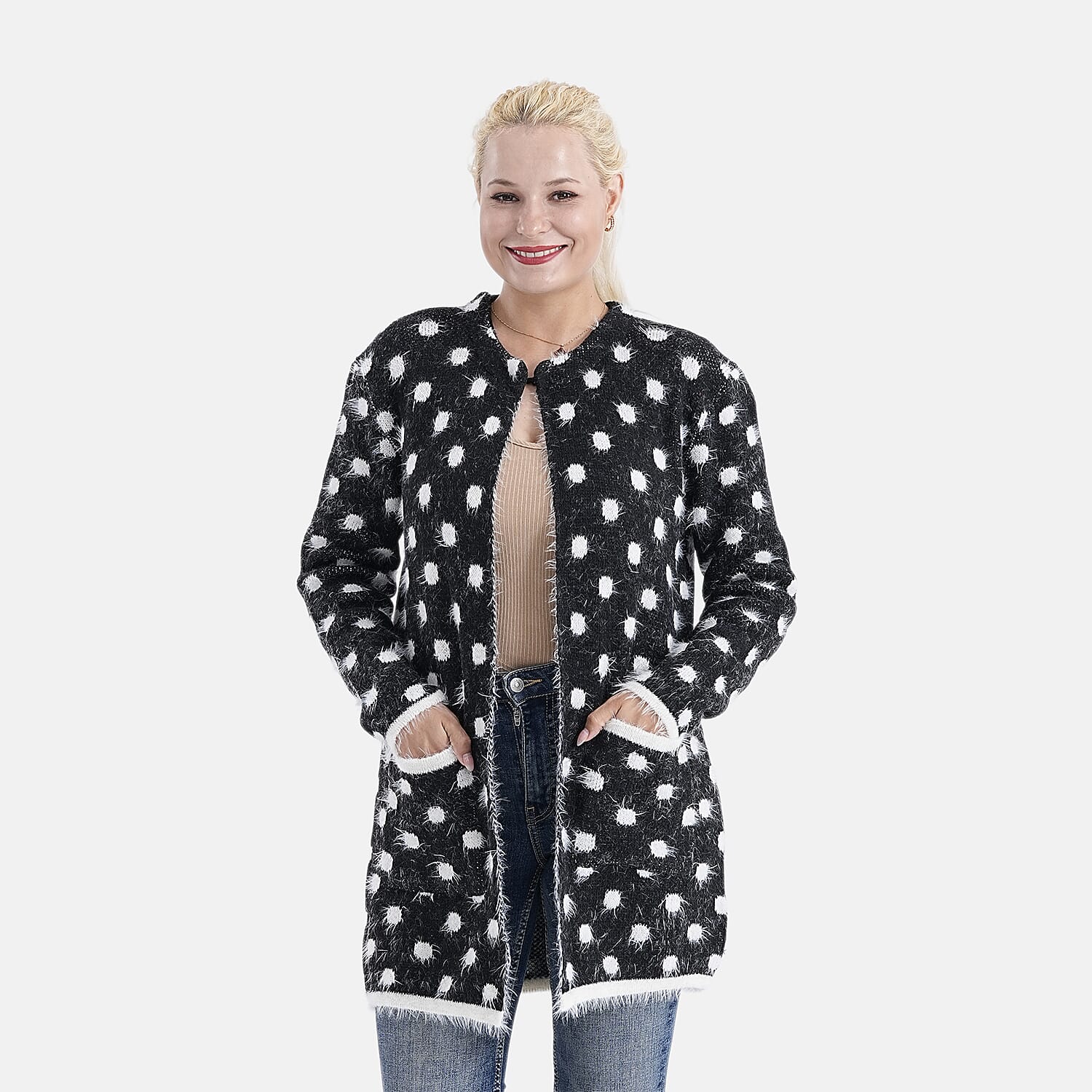 Tamsy Womens Polka Dot Winter Coatigan with Pockets (One Size, Fits 8-20) - Black & White