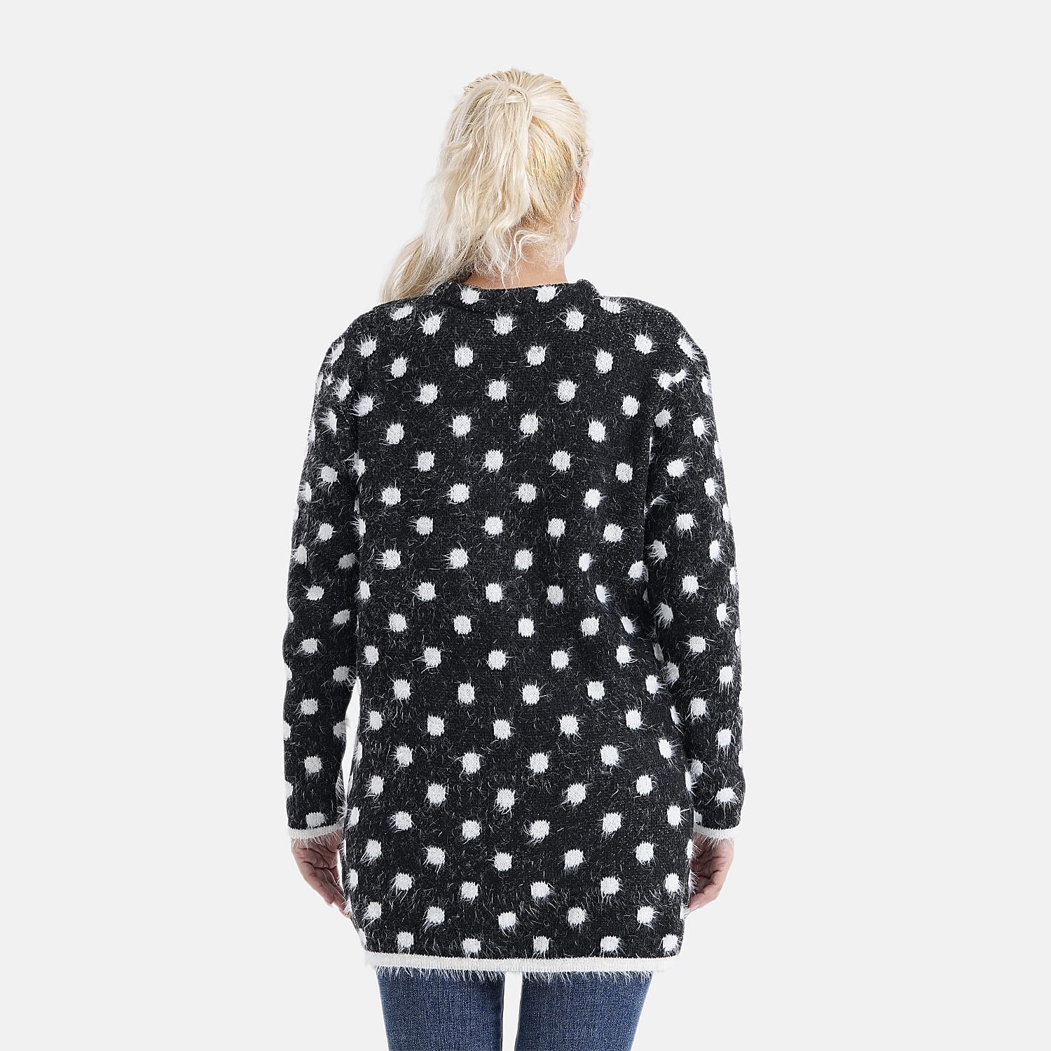 Tamsy Womens Polka Dot Winter Coatigan with Pockets (One Size, Fits 8-20) - Black & White