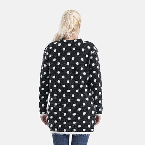 Tamsy Womens Polka Dot Winter Coatigan with Pockets (One Size, Fits 8-20) - Black & White