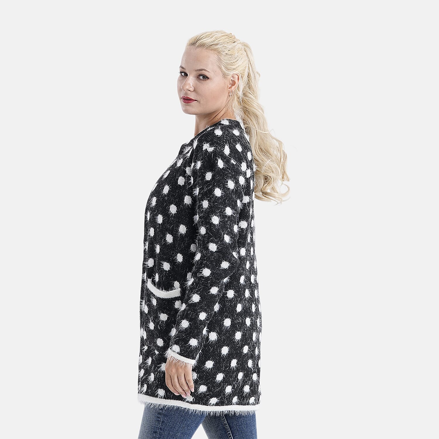 Tamsy Womens Polka Dot Winter Coatigan with Pockets (One Size, Fits 8-20) - Black & White