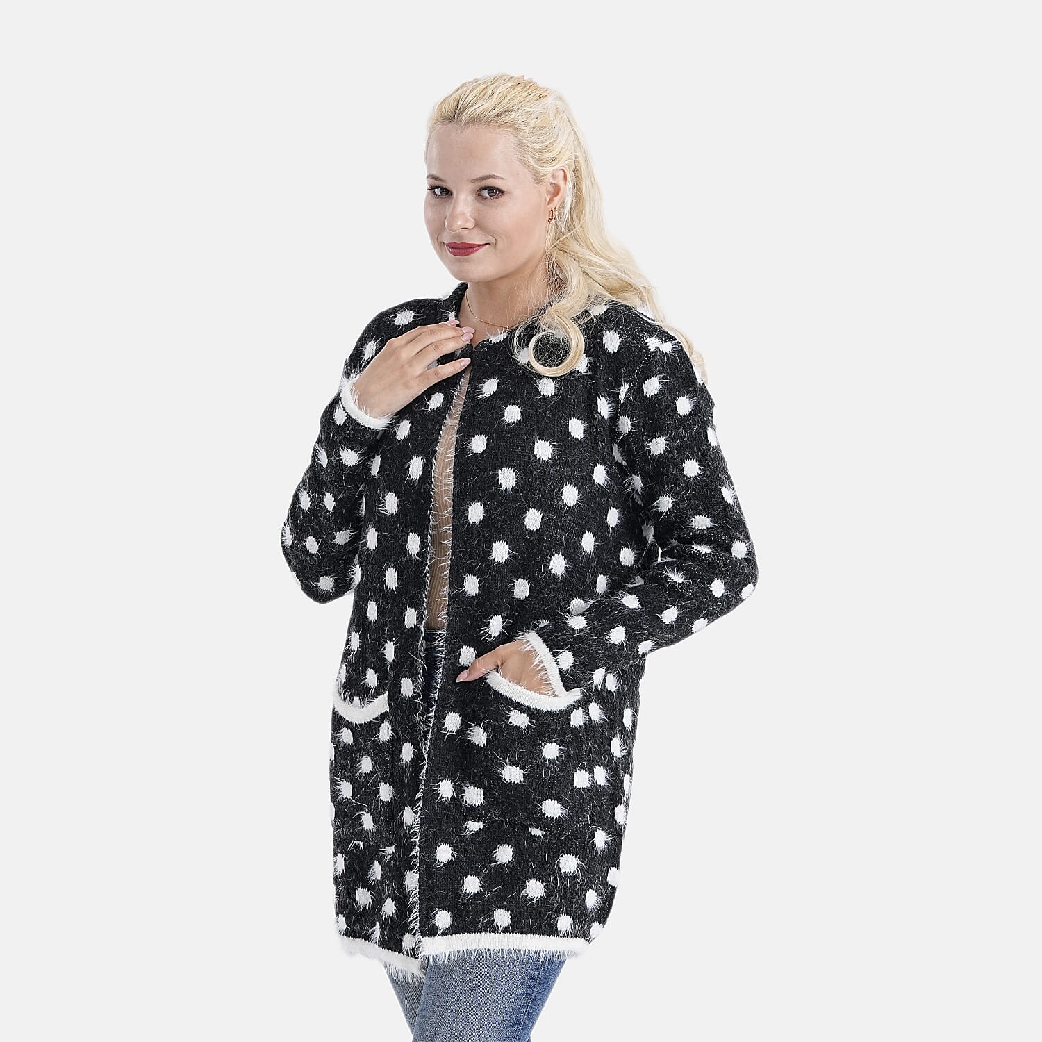 Tamsy Womens Polka Dot Winter Coatigan with Pockets (One Size, Fits 8-20) - Black & White