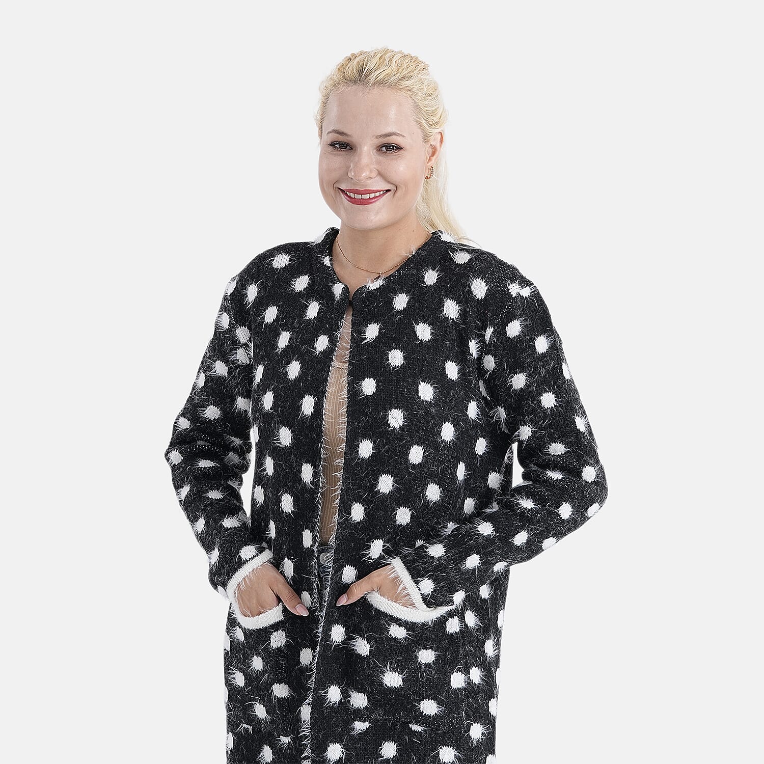 Tamsy Womens Polka Dot Winter Coatigan with Pockets (One Size, Fits 8-20) - Black & White