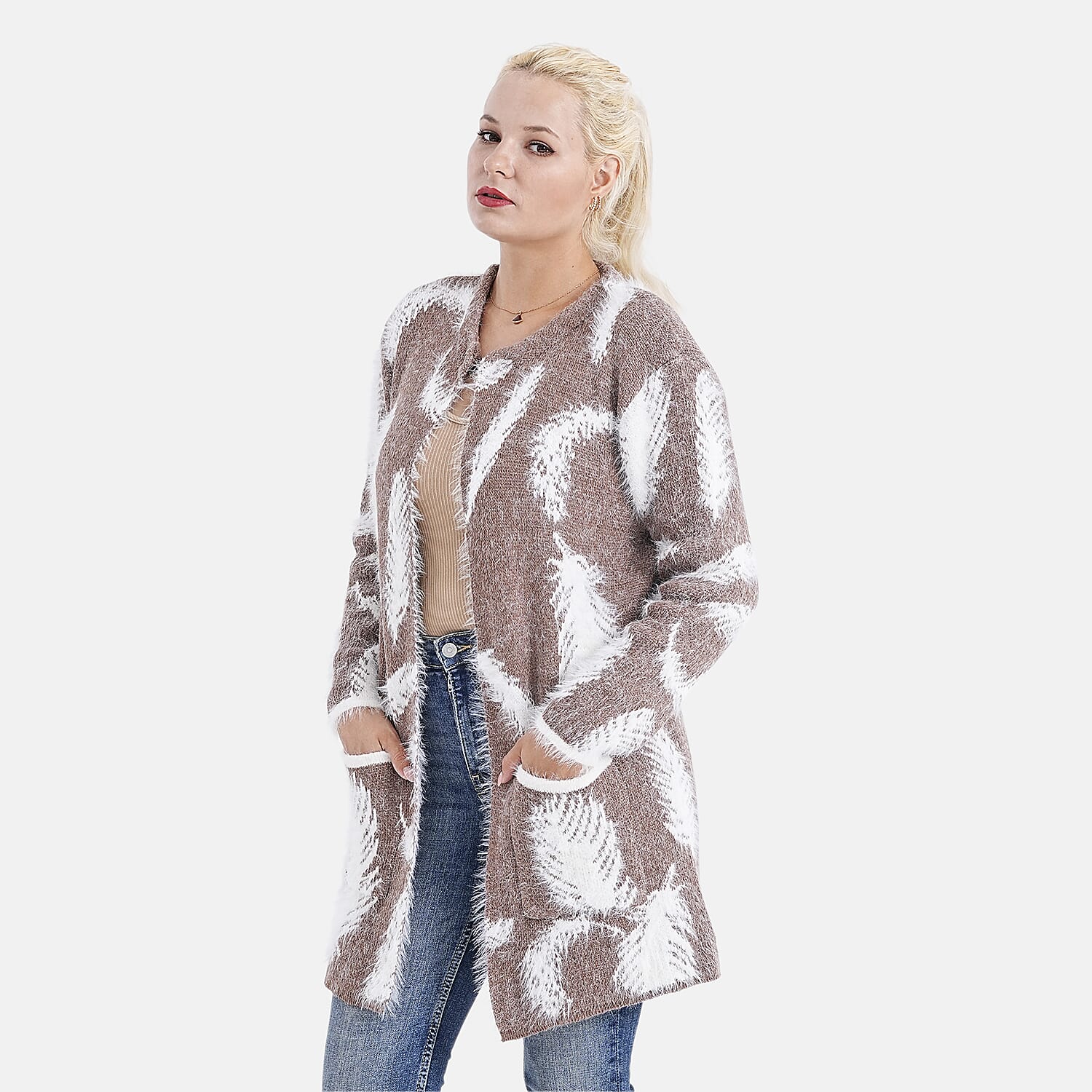 Tamsy Womens Feather Pattern Winter Coatigan with Pockets (One Size, Fits 8-20) - Brown & White