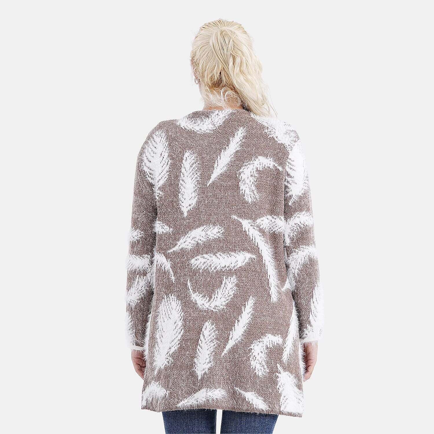 Tamsy Womens Feather Pattern Winter Coatigan with Pockets (One Size, Fits 8-20) - Brown & White