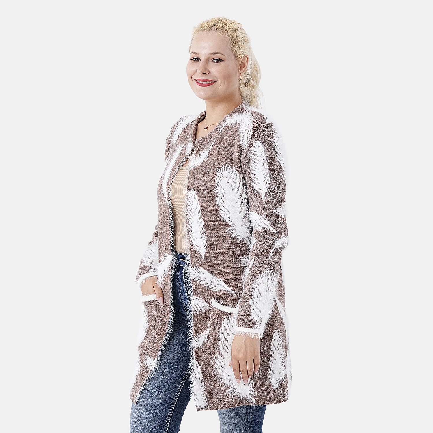 Tamsy Womens Feather Pattern Winter Coatigan with Pockets (One Size, Fits 8-20) - Brown & White