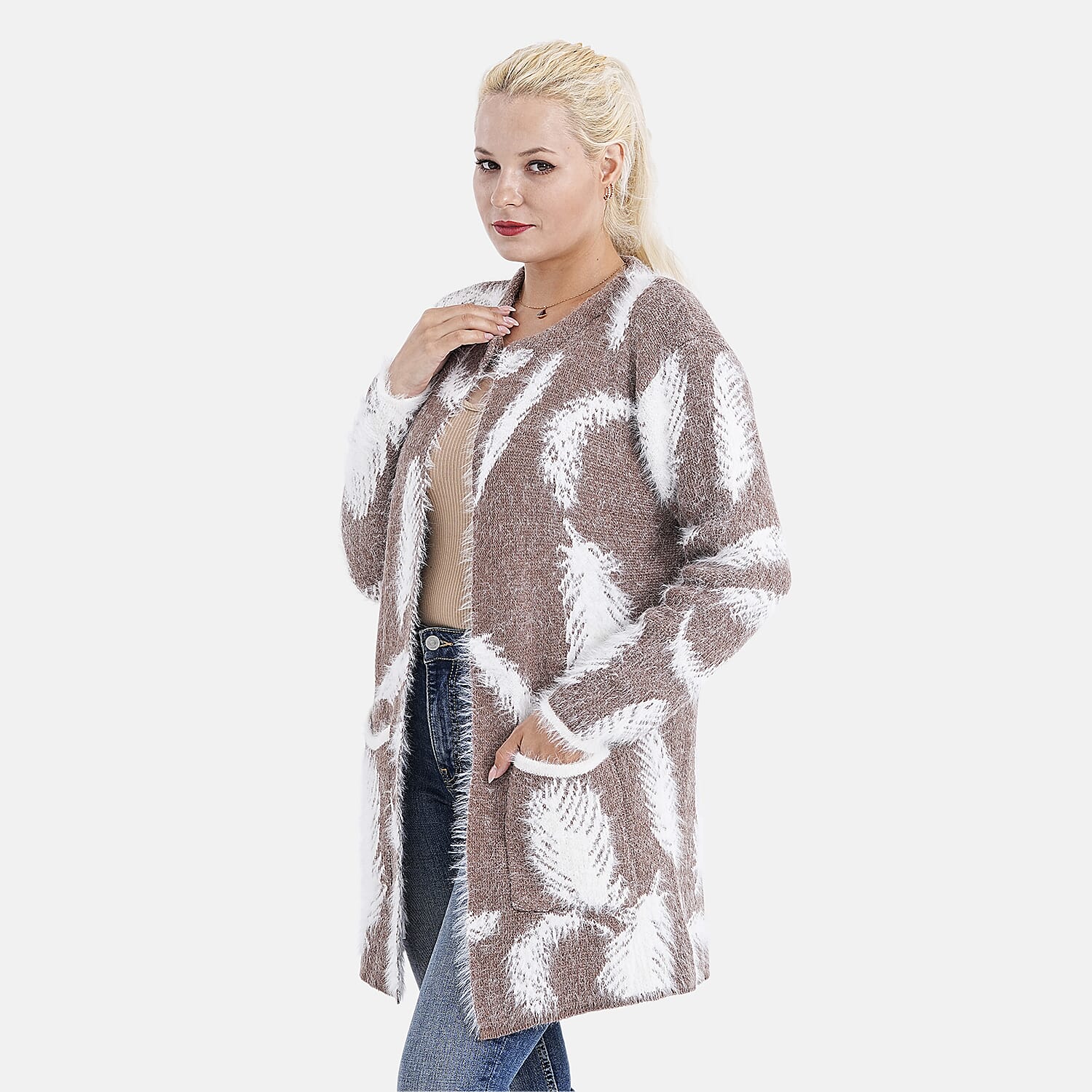 Tamsy Womens Feather Pattern Winter Coatigan with Pockets (One Size, Fits 8-20) - Brown & White