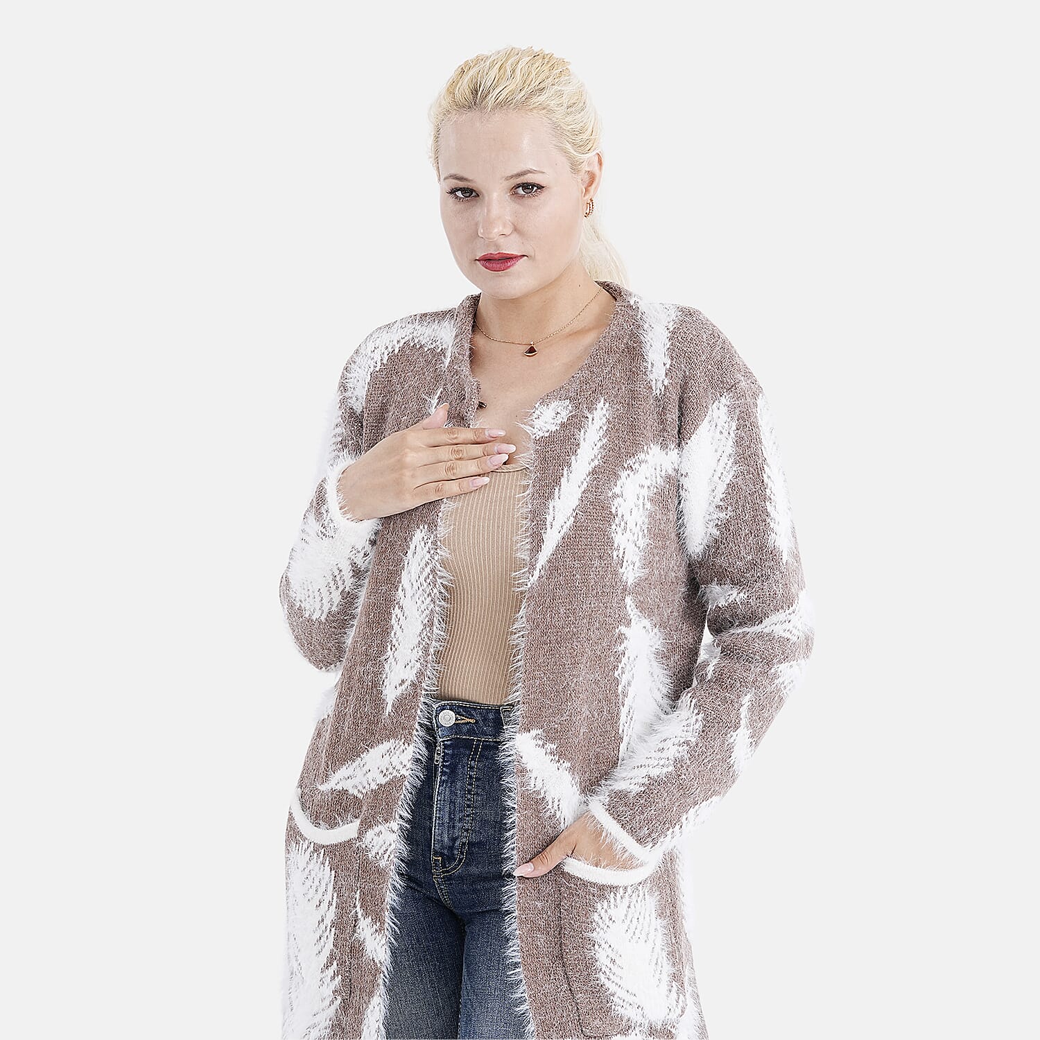 Tamsy Womens Feather Pattern Winter Coatigan with Pockets (One Size, Fits 8-20) - Brown & White