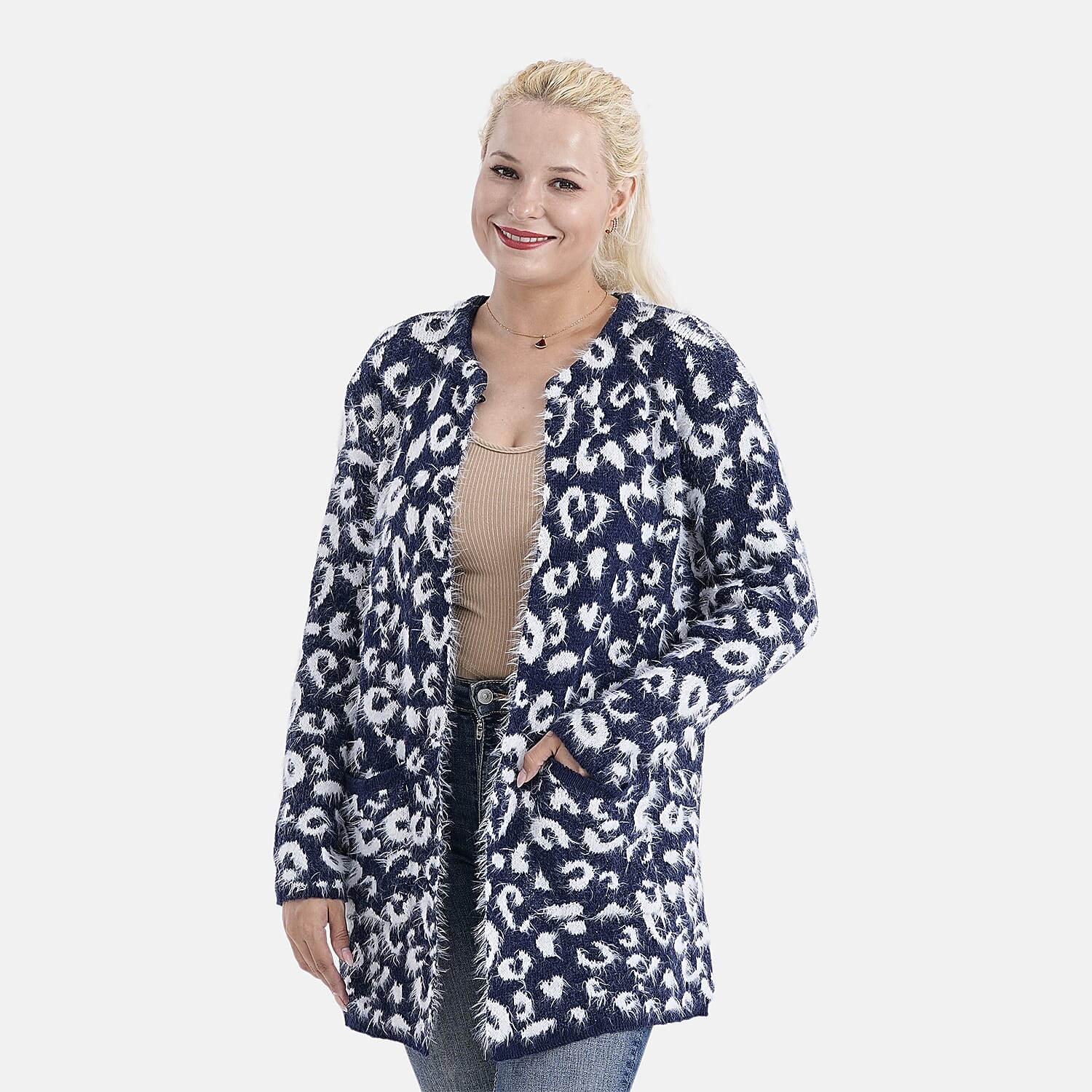Tamsy Womens Polka Dot Winter Coatigan with Pockets (One Size, Fits 8-20) - Navy