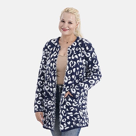 Tamsy Womens Polka Dot Winter Coatigan with Pockets (One Size, Fits 8-20) - Navy