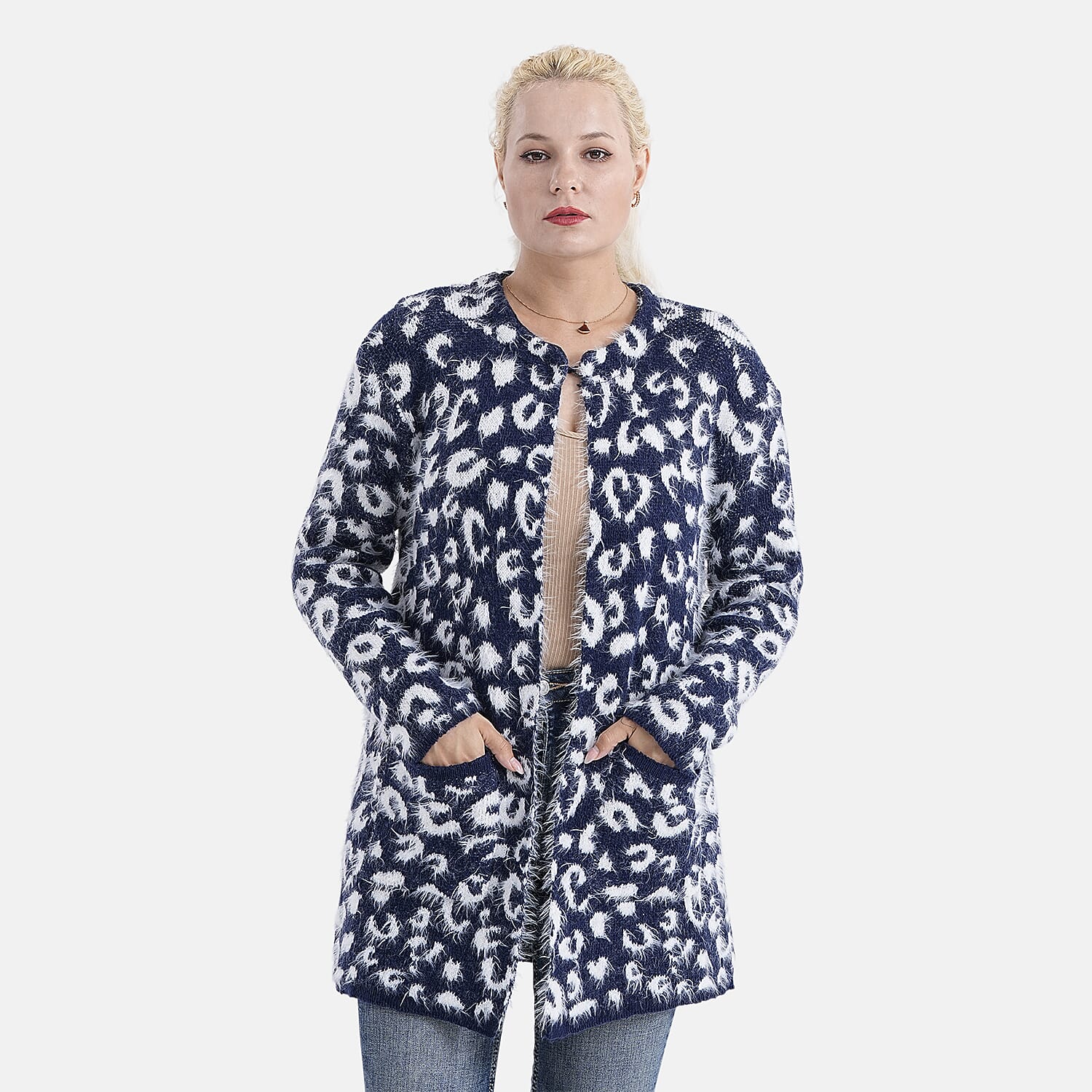 Tamsy Womens Polka Dot Winter Coatigan with Pockets (One Size, Fits 8-20) - Navy
