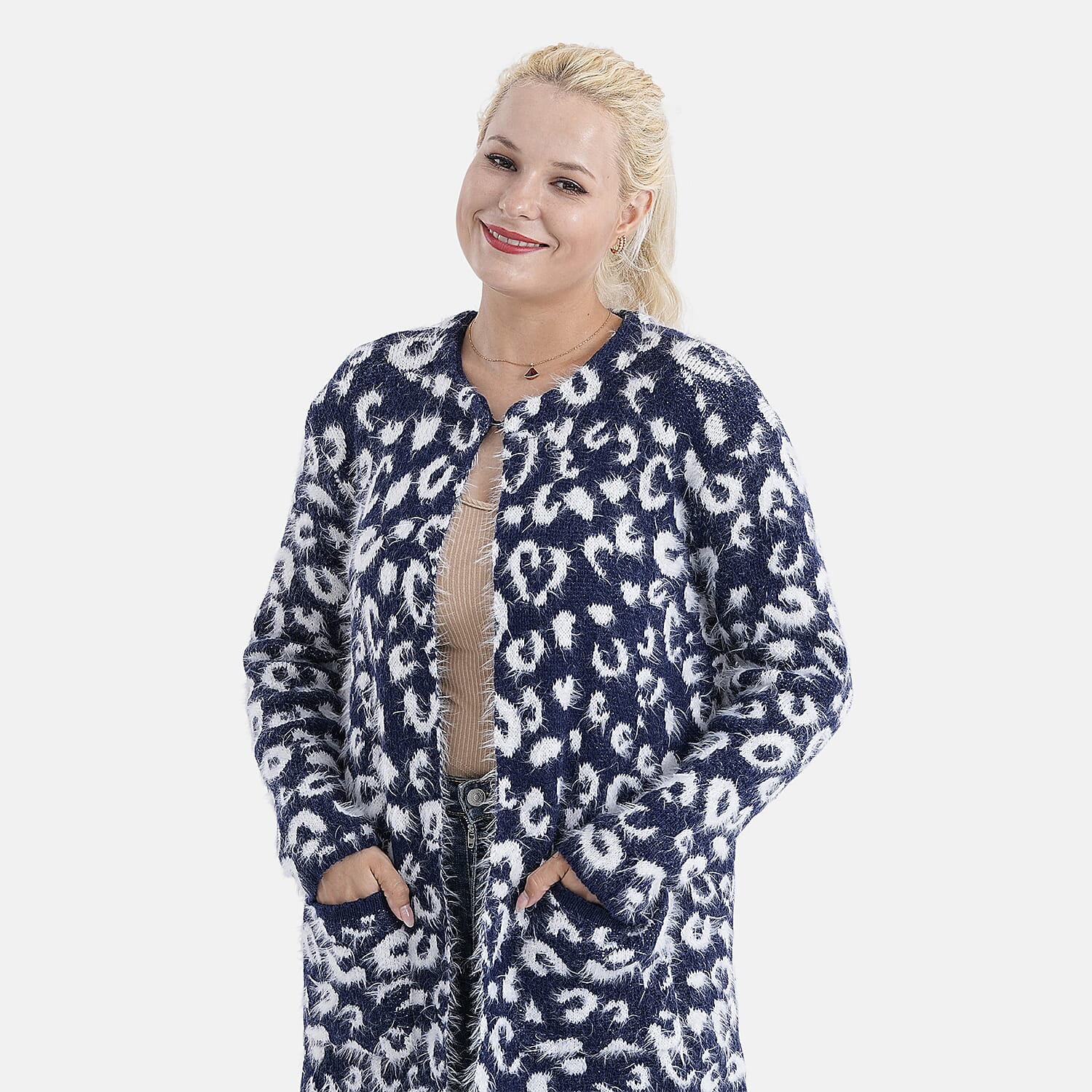 Tamsy Womens Polka Dot Winter Coatigan with Pockets (One Size, Fits 8-20) - Navy