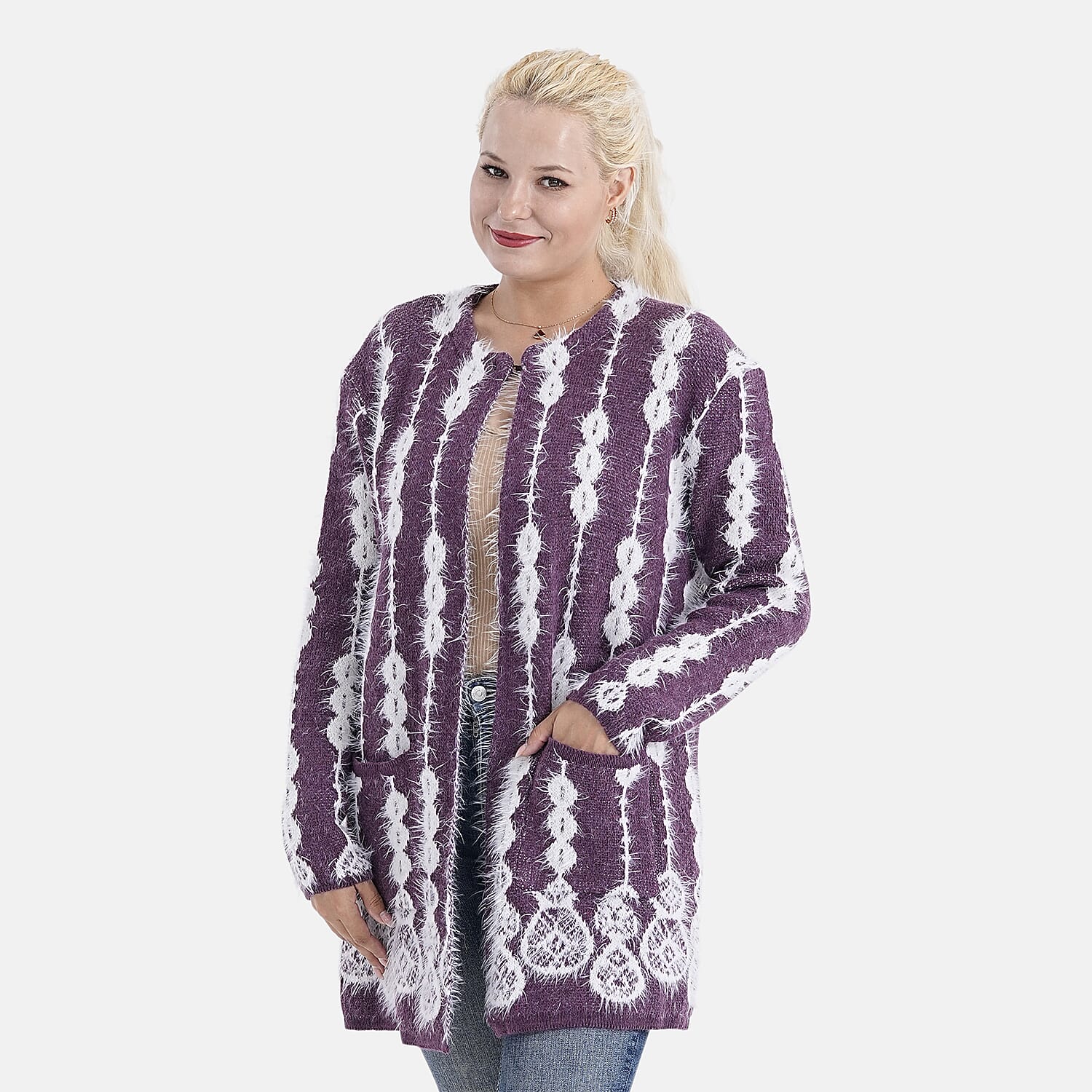 Tamsy Womens Abstract Pattern Winter Coatigan with Pockets (One Size, Fits 8-20) - Purple & White