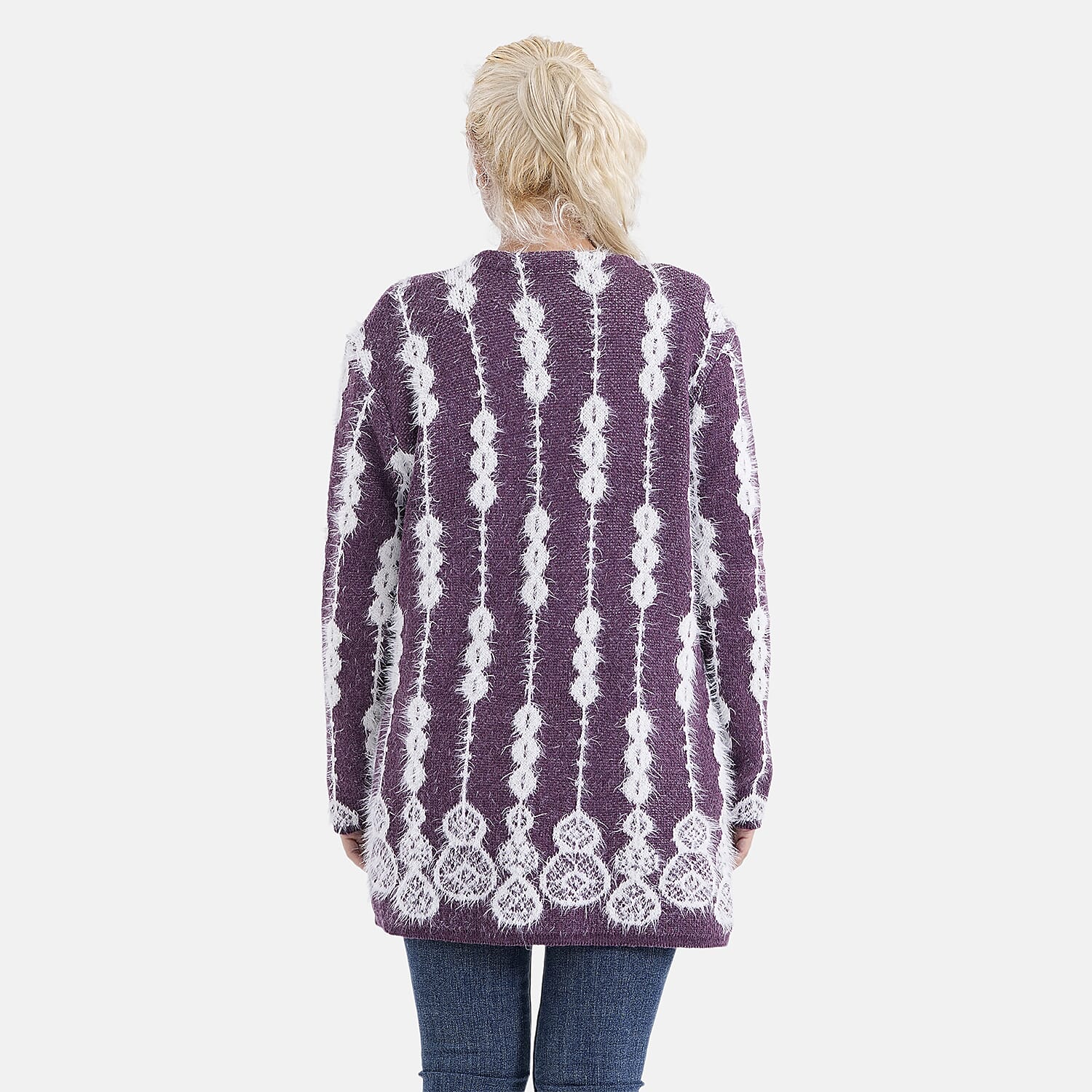 Tamsy Womens Abstract Pattern Winter Coatigan with Pockets (One Size, Fits 8-20) - Purple & White