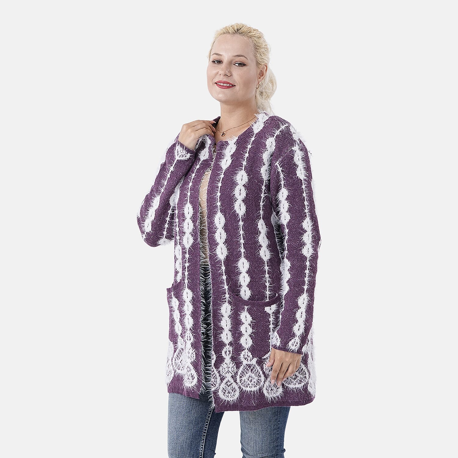 Tamsy Womens Abstract Pattern Winter Coatigan with Pockets (One Size, Fits 8-20) - Purple & White