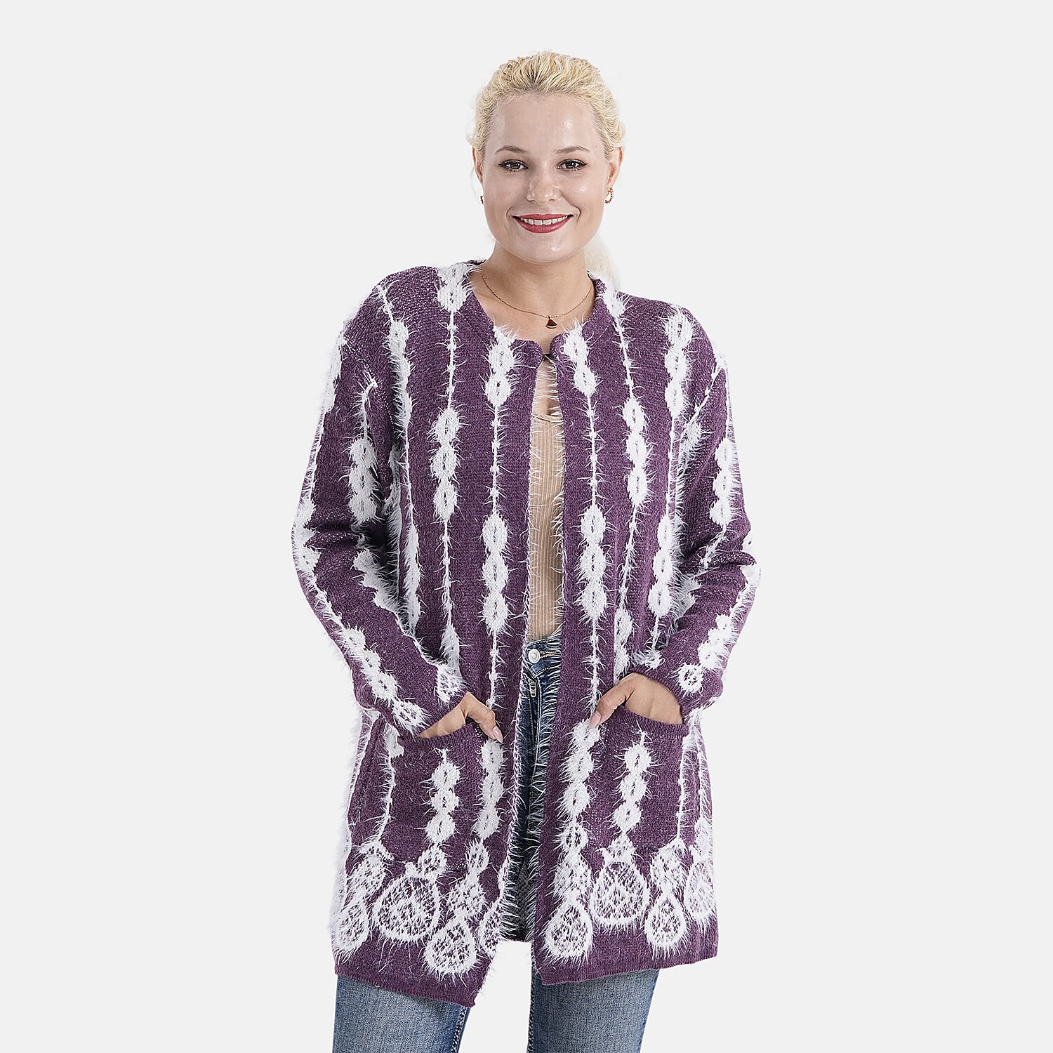 Tamsy Womens Abstract Pattern Winter Coatigan with Pockets (One Size, Fits 8-20) - Purple & White