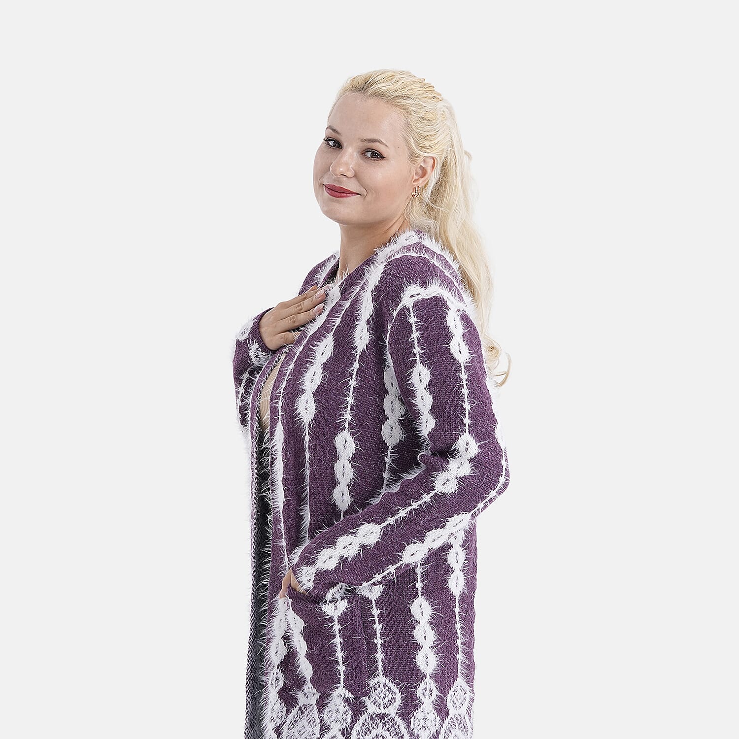 Tamsy Womens Abstract Pattern Winter Coatigan with Pockets (One Size, Fits 8-20) - Purple & White