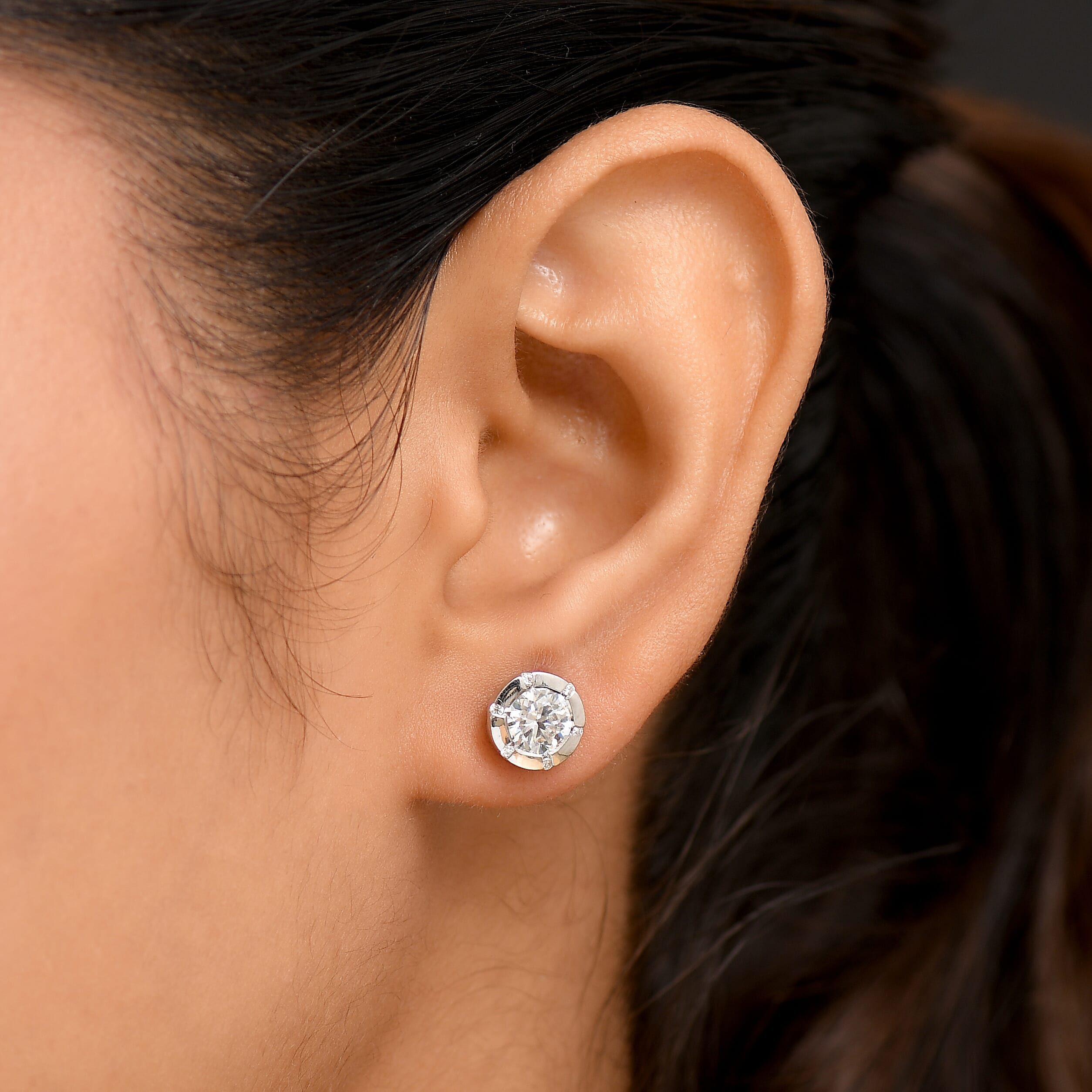 Royal Bali Collection Djoy Moissanite Solitaire Stud Push Post Earring in Rhodium Overlay Sterling Silver 1.79 Ct.