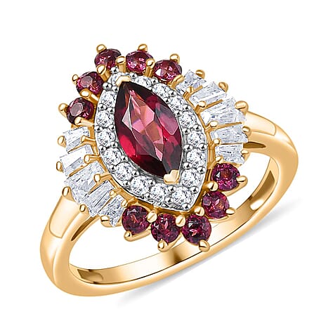 D'Joy Rhodolite Garnet & Moissanite Ring in 18K Vermeil Yellow Gold Plated Sterling Silver 1.66 Ct.