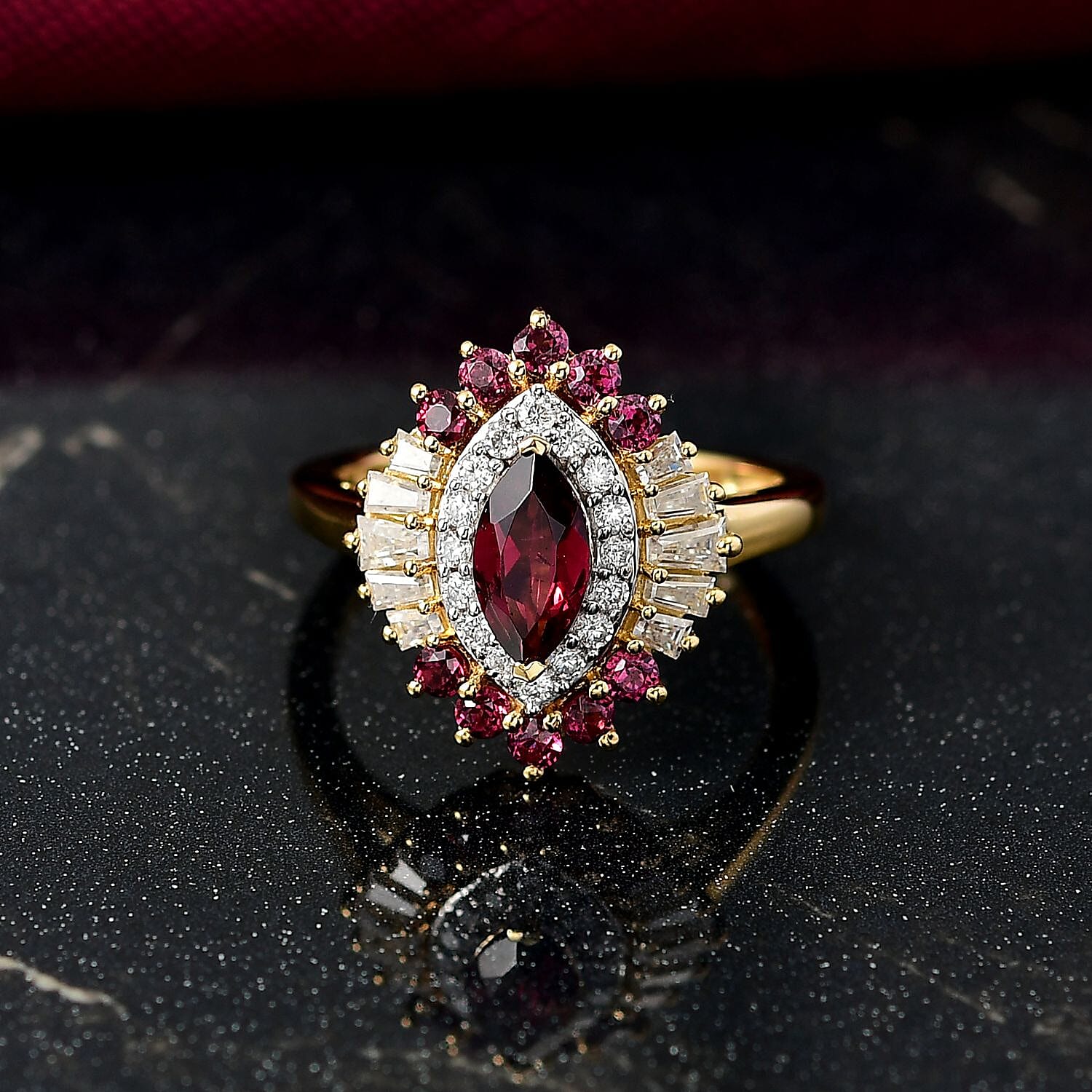 D'Joy Rhodolite Garnet & Moissanite Ring in 18K Vermeil Yellow Gold Plated Sterling Silver 1.66 Ct.