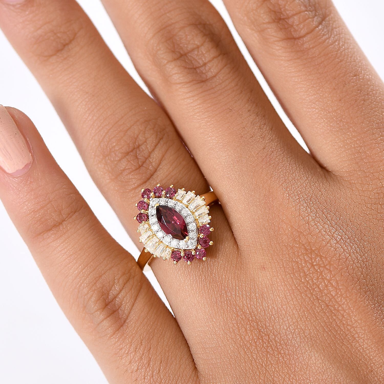 D'Joy Rhodolite Garnet & Moissanite Ring in 18K Vermeil Yellow Gold Plated Sterling Silver 1.66 Ct.