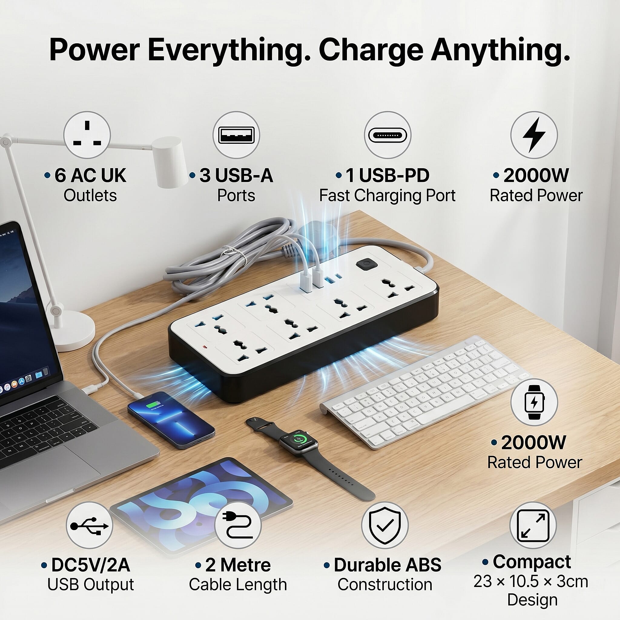 Multi-Functional Socket with 2m Cable (220-250V) - White