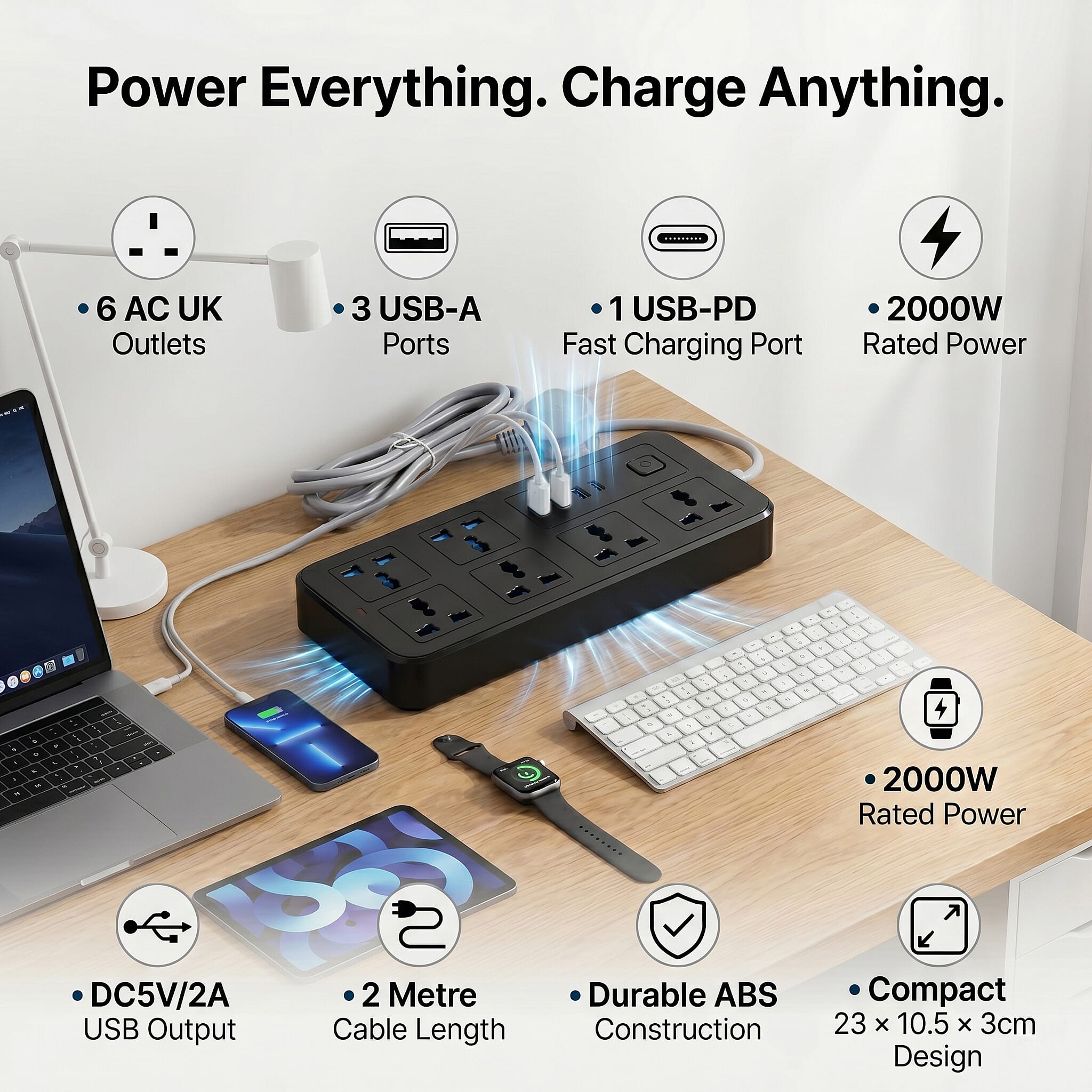 EVERY HOME MUST HAVE - Multi-Functional 6 Plug Socket With 3 Usb Port And A Type C Port- 2 Meter Cable (220-250V) - Black