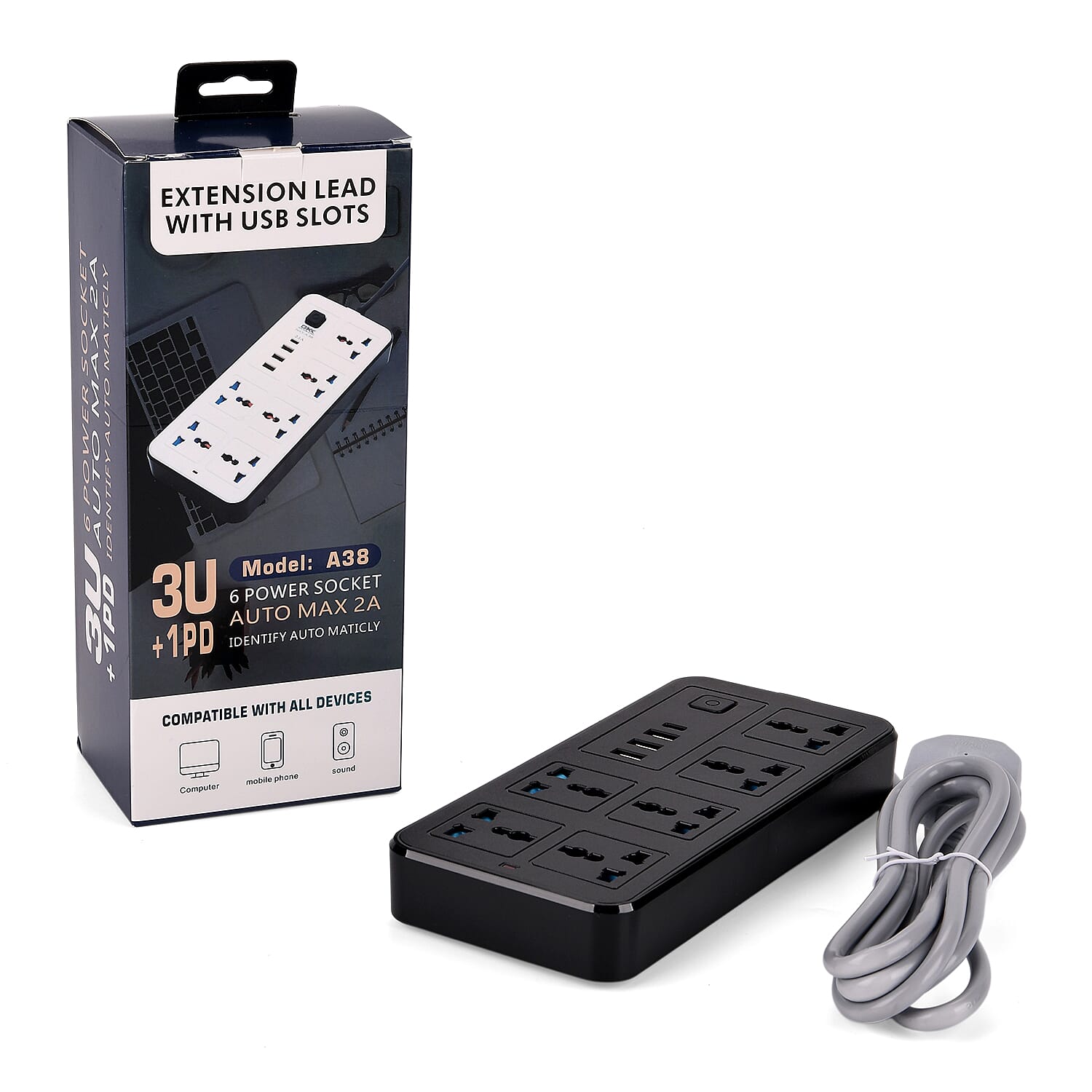 EVERY HOME MUST HAVE - Multi-Functional 6 Plug Socket With 3 Usb Port And A Type C Port- 2 Meter Cable (220-250V) - Black