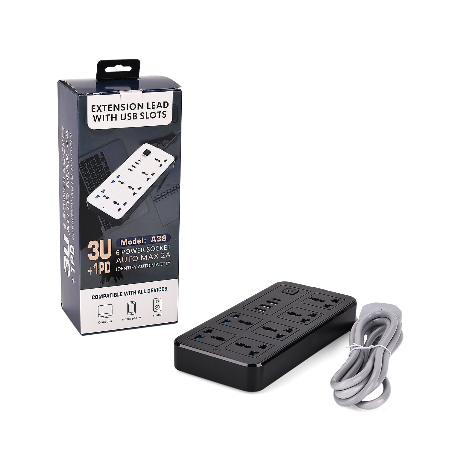 EVERY HOME MUST HAVE -- Multi-Functional 6 plug Socket with 3 USB Port and a type C port- 2 meter Cable (220-250V) - Black