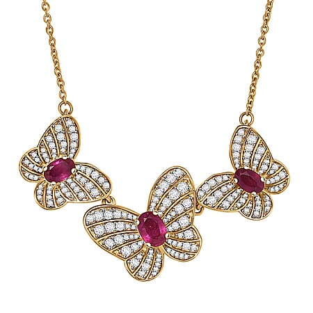 GP Italian Garden Collection — African Ruby, White Zircon Butterfly Necklace (Size 20) with Lobster Clasp in 18K Vermeil Yellow Gold Over Sterling Silver 4.96 Ct. GP Italian Garden Collection — African Ruby, White Zircon Butterfly Necklace (Size 20) with Lobster Clasp in 18K Vermeil Yellow Gold Over Sterling Silver 4.96 Ct.