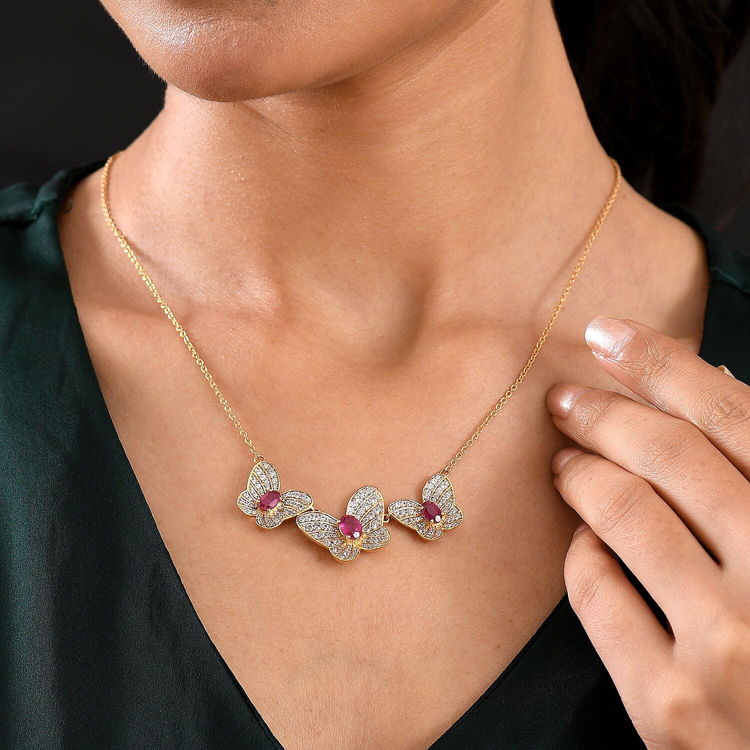 GP Italian Garden Collection - African Ruby, White Zircon & Kanchanaburi Blue Sapphire Necklace (Size - 20) with Lobster Clasp in 18K Vermeil Yellow Gold Plated Sterling Silver 4.96 Ct.