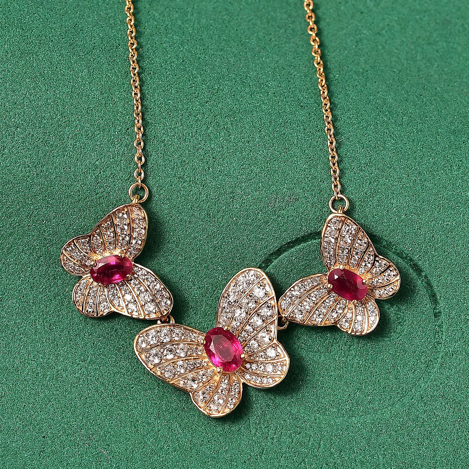 GP Italian Garden Collection - African Ruby, White Zircon & Kanchanaburi Blue Sapphire Necklace (Size - 20) with Lobster Clasp in 18K Vermeil Yellow Gold Plated Sterling Silver 4.96 Ct.